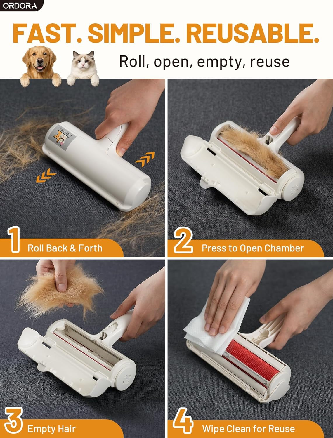 Reusable Pet Hair Remover Roller with Large Fur Bin for Couches, Bedding, Cars, Rugs, and Furniture - No Refills or Batteries Required