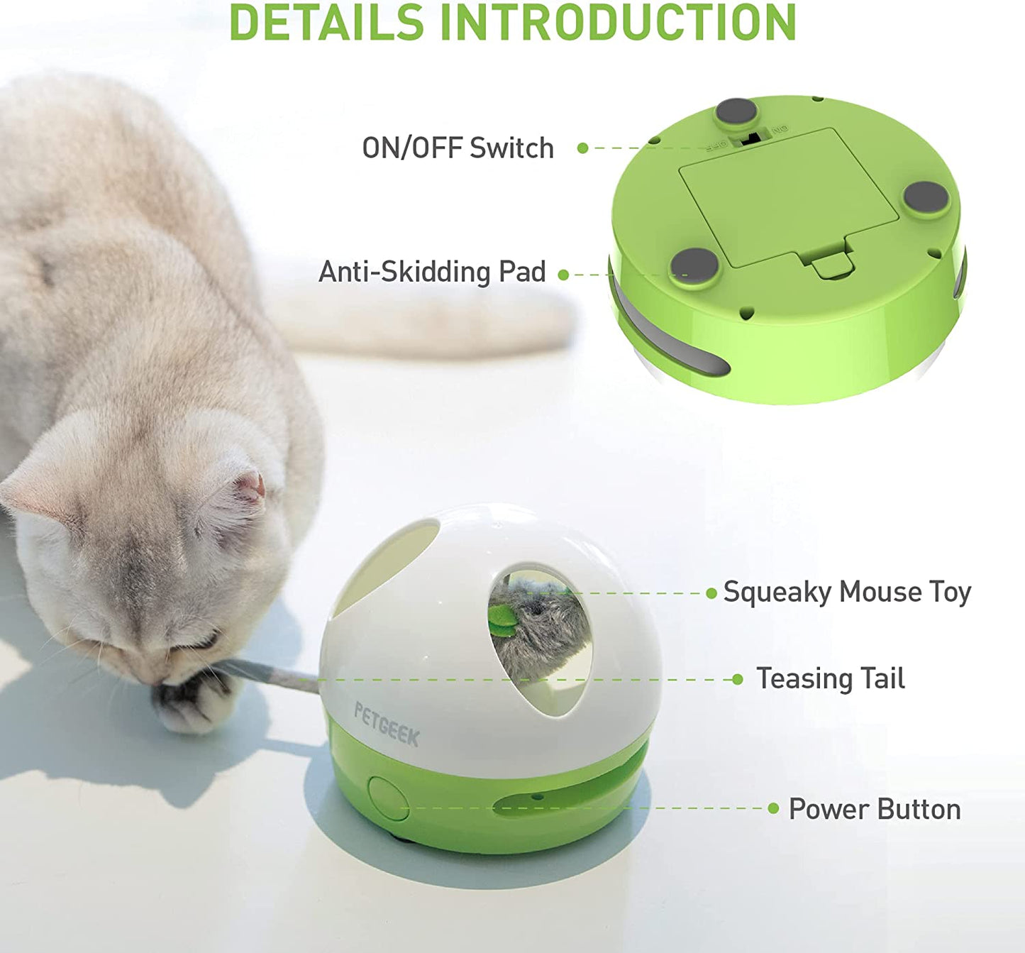 Hidey Mouse Interactive Electronic Cat Toy with Squeaky Mouse and Catnip, Automatic Indoor Play for Cats (Green)