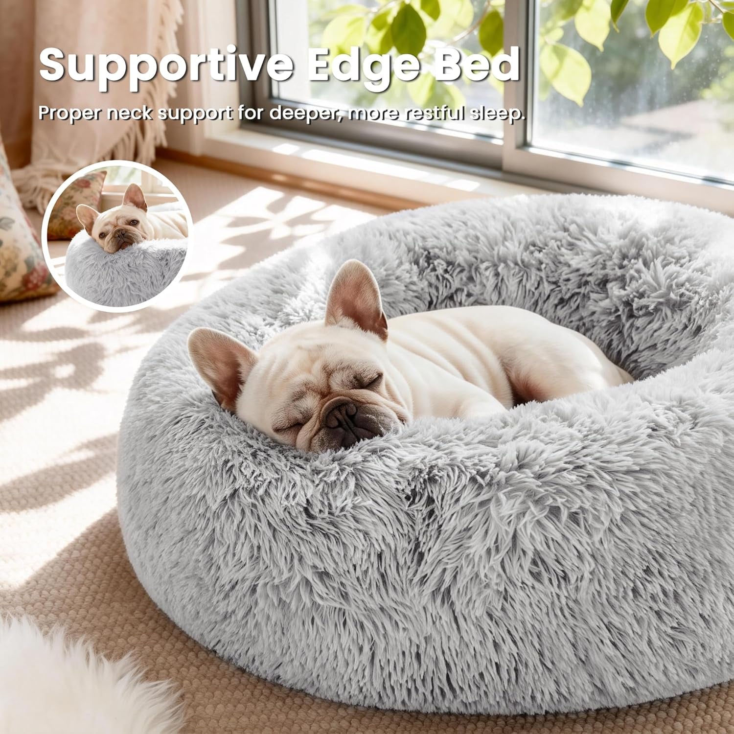 Calming Donut Cat Bed for Indoor Use, Anti-Anxiety Fluffy Faux Fur Washable Pet Bed for Small to Medium Dogs and Cats, Grey, 20 Inches