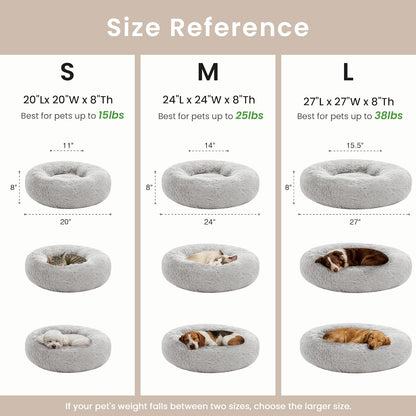 Calming Donut Cat Bed for Indoor Use, Anti-Anxiety Fluffy Faux Fur Washable Pet Bed for Small to Medium Dogs and Cats, Grey, 20 Inches