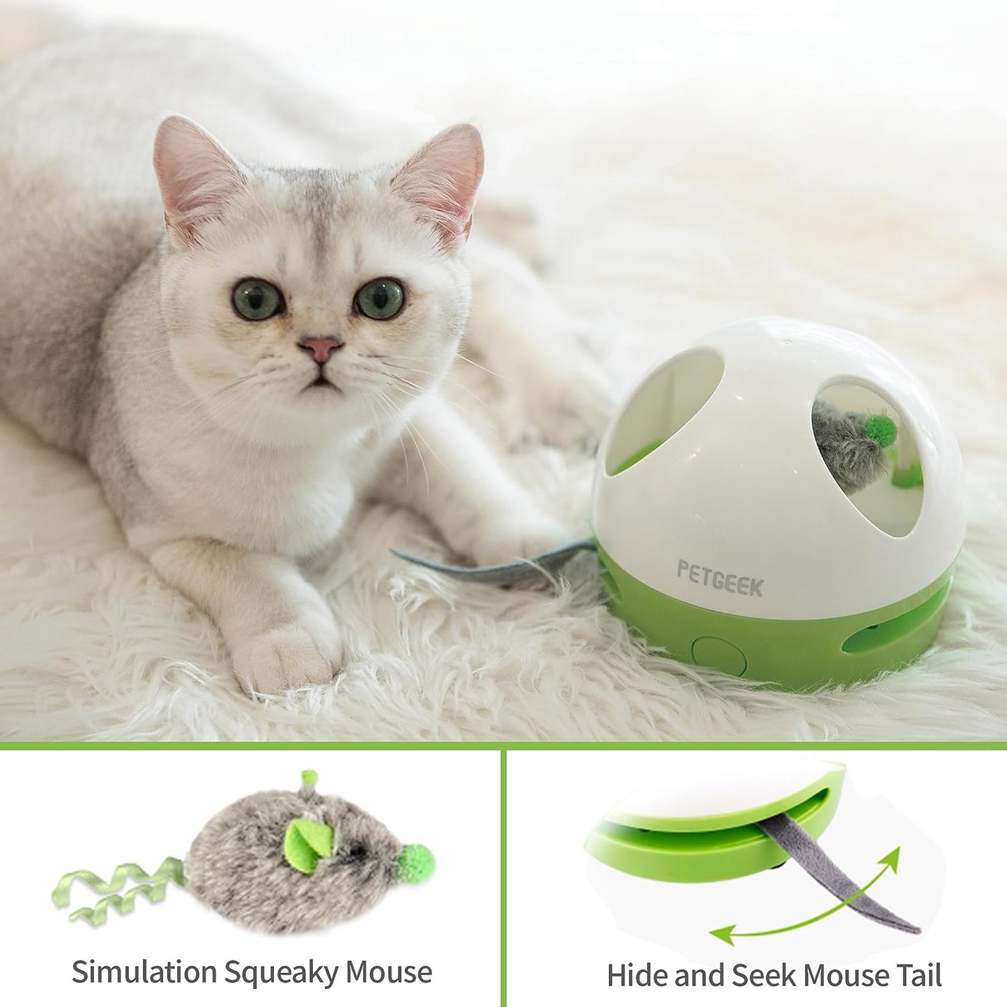 Hidey Mouse Interactive Electronic Cat Toy with Squeaky Mouse and Catnip, Automatic Indoor Play for Cats (Green)