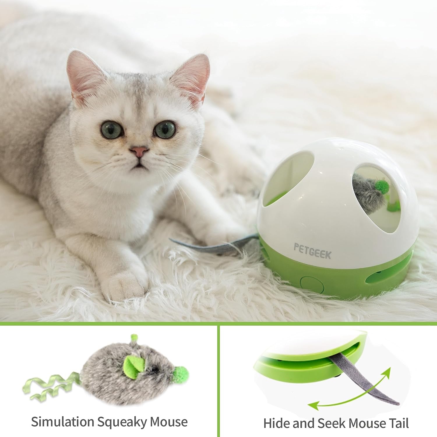 Hidey Mouse Interactive Electronic Cat Toy with Squeaky Mouse and Catnip, Automatic Indoor Play for Cats (Green)
