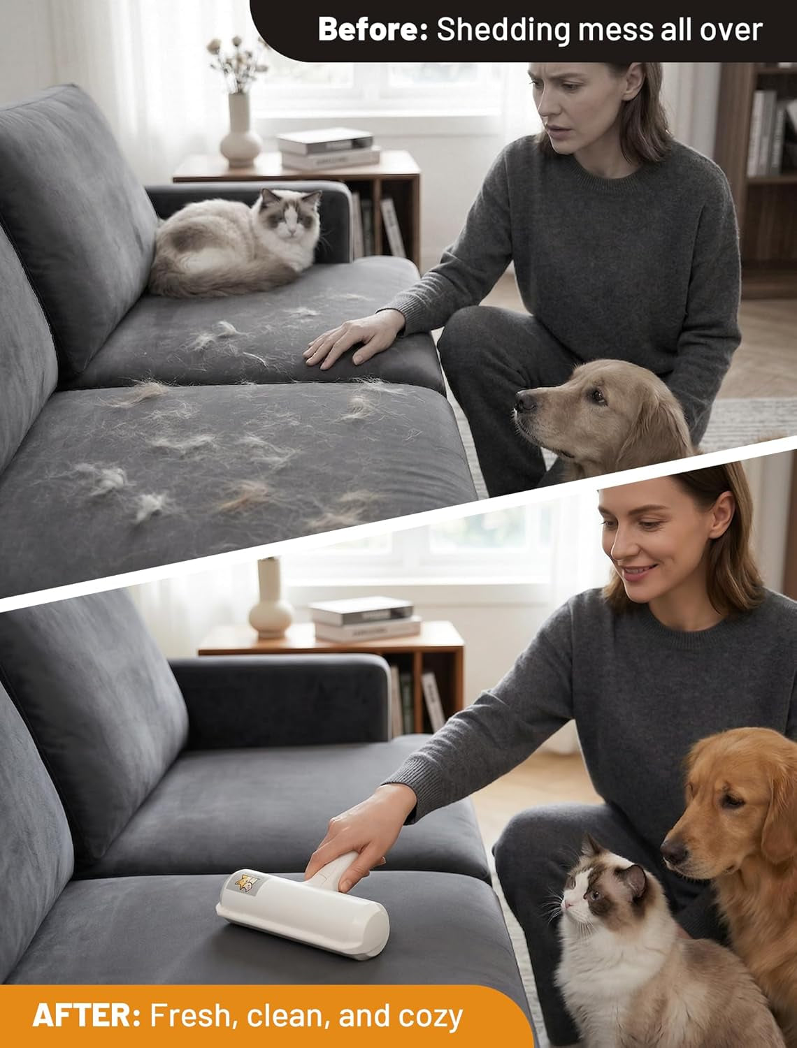 Reusable Pet Hair Remover Roller with Large Fur Bin for Couches, Bedding, Cars, Rugs, and Furniture - No Refills or Batteries Required