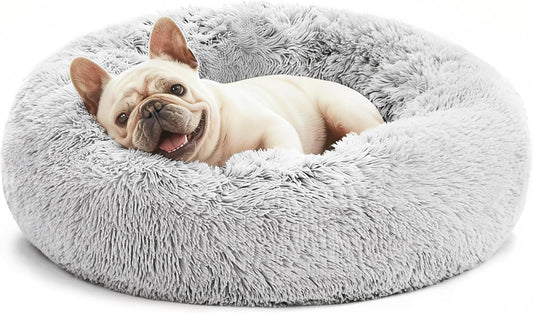 Calming Donut Cat Bed for Indoor Use, Anti-Anxiety Fluffy Faux Fur Washable Pet Bed for Small to Medium Dogs and Cats, Grey, 20 Inches