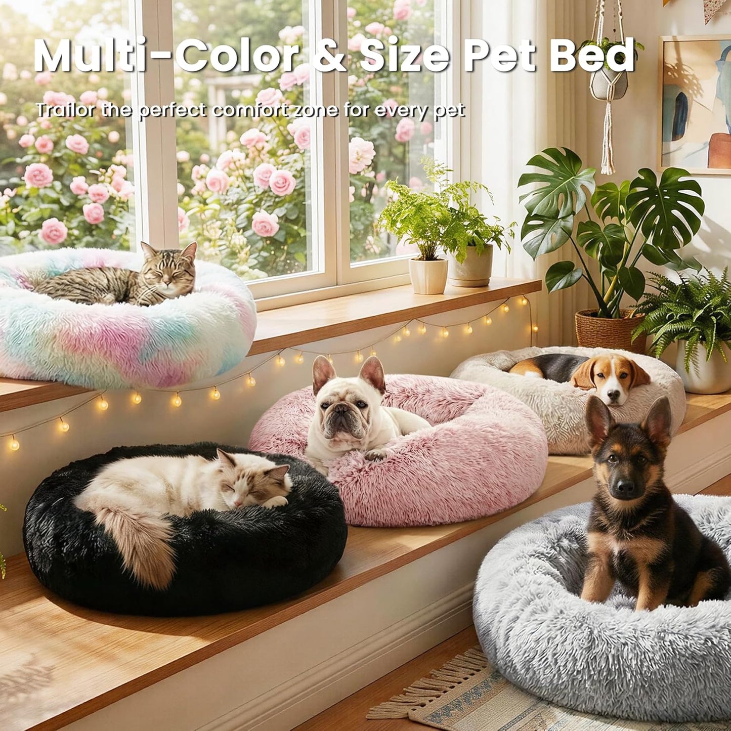 Calming Donut Cat Bed for Indoor Use, Anti-Anxiety Fluffy Faux Fur Washable Pet Bed for Small to Medium Dogs and Cats, Grey, 20 Inches