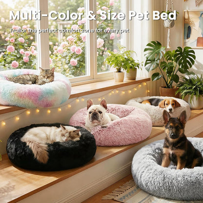 Calming Donut Cat Bed for Indoor Use, Anti-Anxiety Fluffy Faux Fur Washable Pet Bed for Small to Medium Dogs and Cats, Grey, 20 Inches