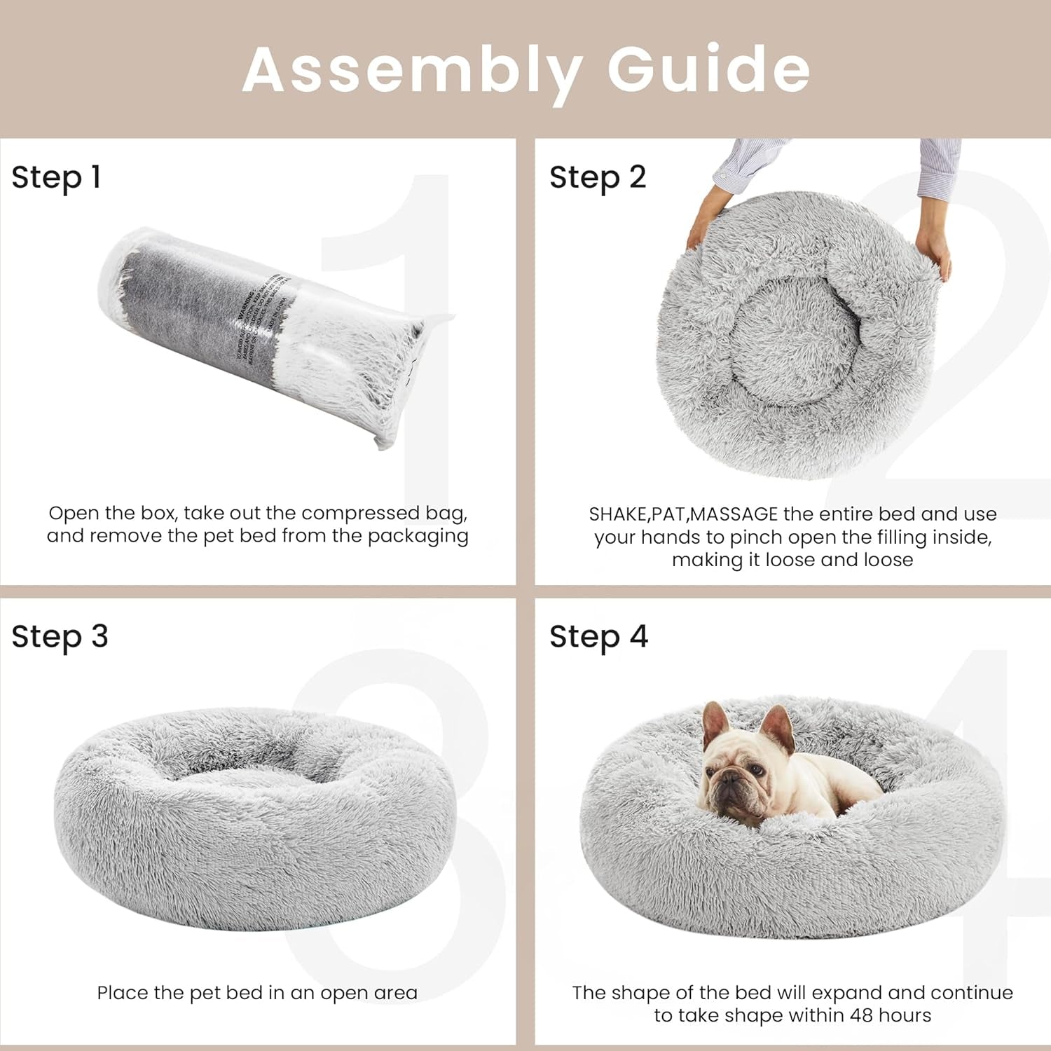 Calming Donut Cat Bed for Indoor Use, Anti-Anxiety Fluffy Faux Fur Washable Pet Bed for Small to Medium Dogs and Cats, Grey, 20 Inches