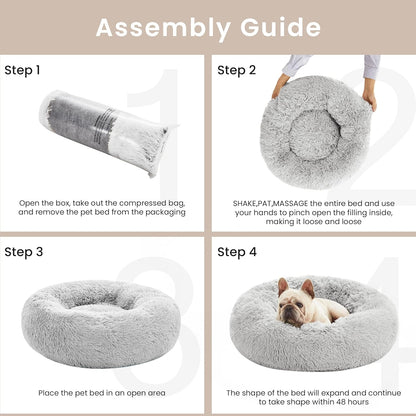 Calming Donut Cat Bed for Indoor Use, Anti-Anxiety Fluffy Faux Fur Washable Pet Bed for Small to Medium Dogs and Cats, Grey, 20 Inches
