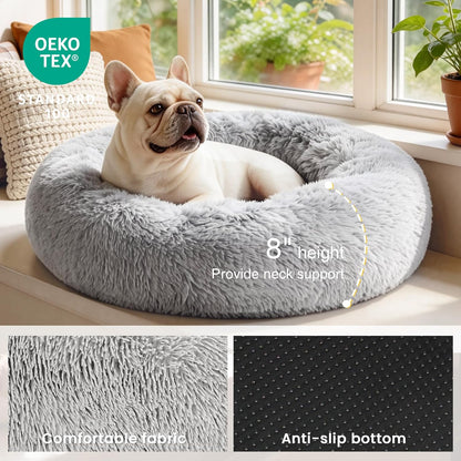 Calming Donut Cat Bed for Indoor Use, Anti-Anxiety Fluffy Faux Fur Washable Pet Bed for Small to Medium Dogs and Cats, Grey, 20 Inches